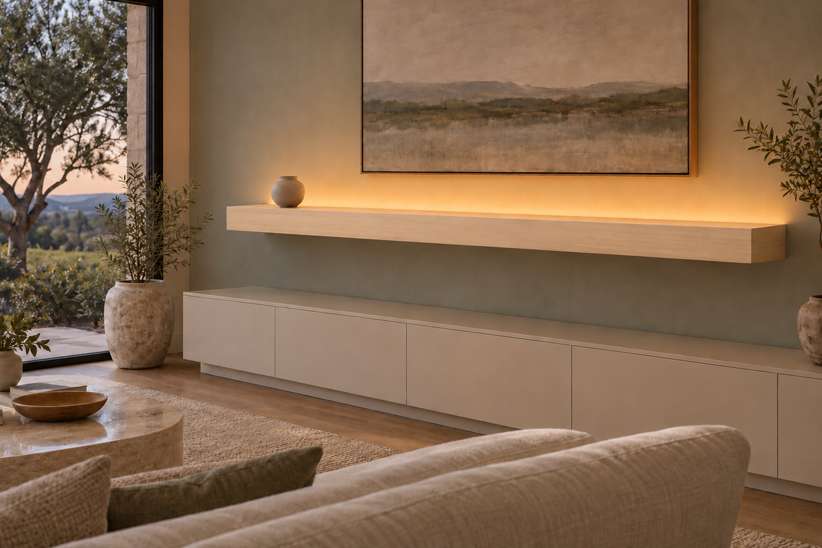 78 × 10 × 4 inch natural maple floating shelf, standard mount, top rear LED channel
