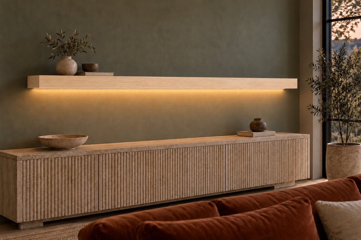 78 × 8 × 3 inch natural maple floating shelf, standard mount, bottom front LED channel
