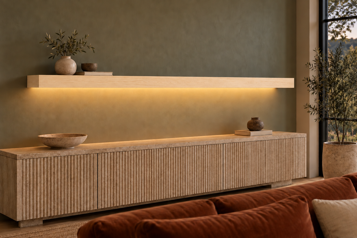 78 × 8 × 3 inch natural maple floating shelf, standard mount, bottom rear LED channel