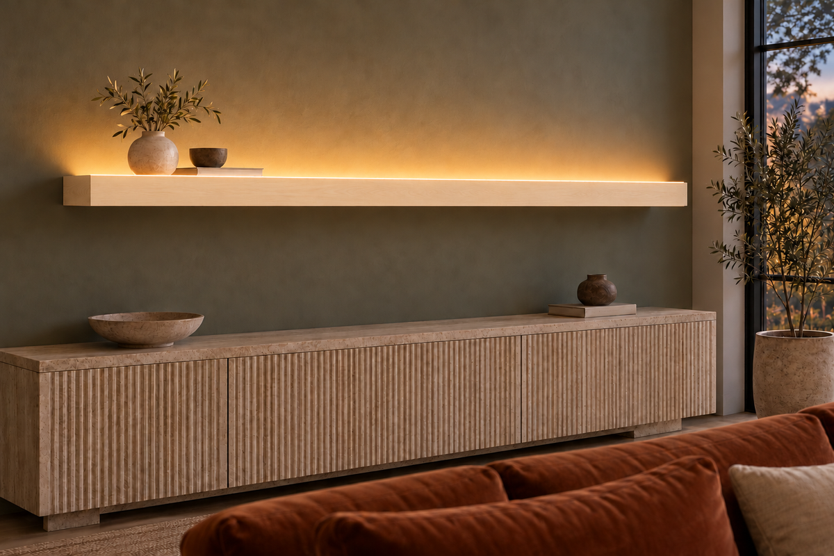 78 × 8 × 3 inch natural maple floating shelf, standard mount, top front LED channel