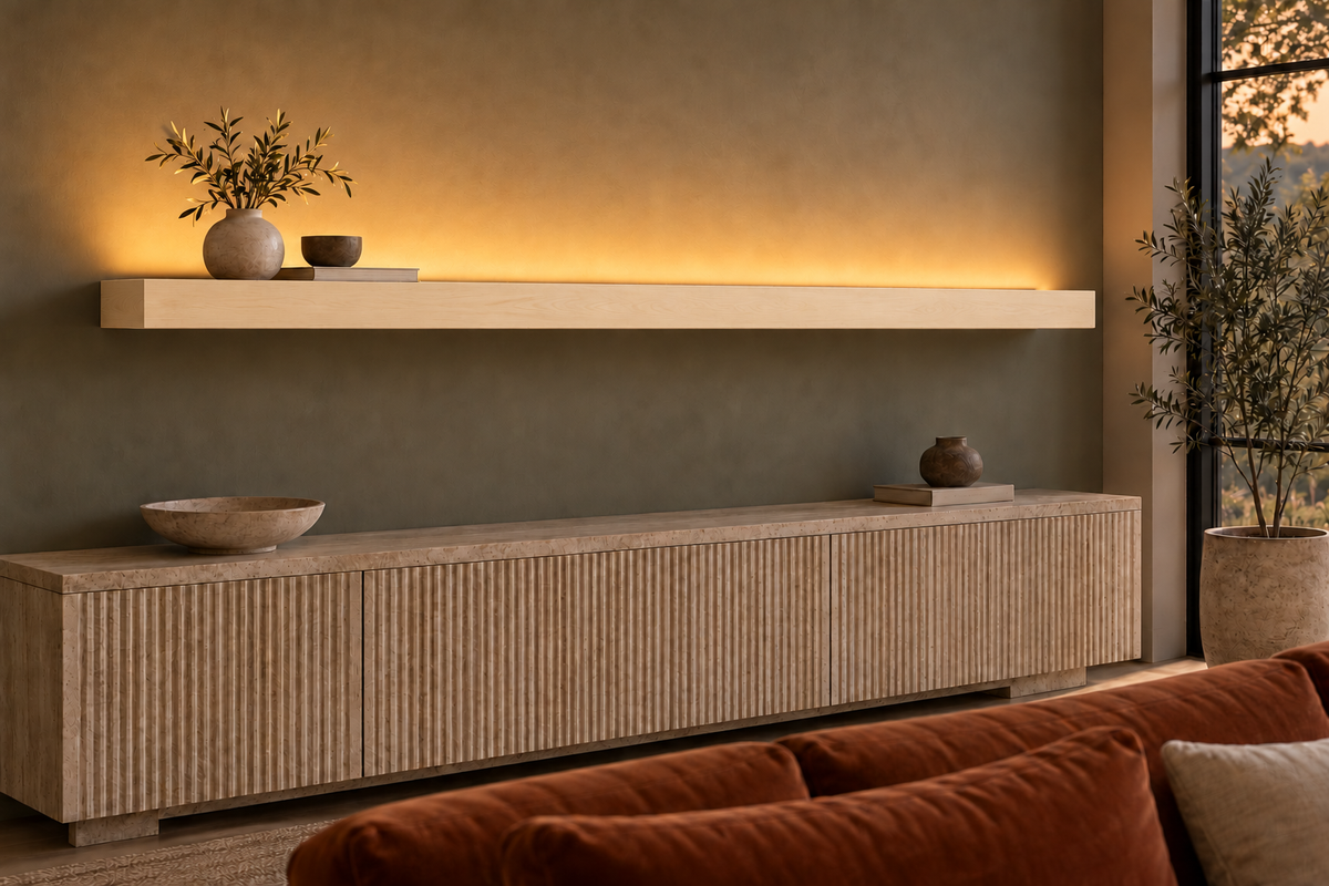 78 × 8 × 3 inch natural maple floating shelf, standard mount, top rear LED channel