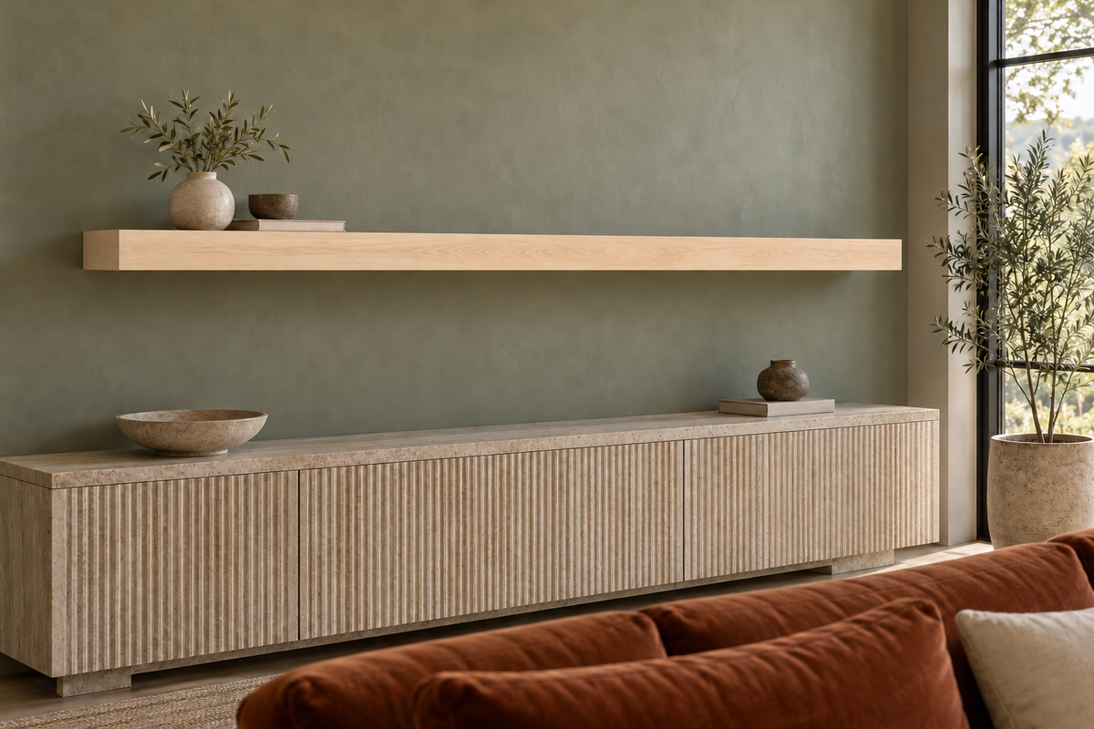78 × 8 × 3 inch natural maple floating shelf, standard mount, unlit