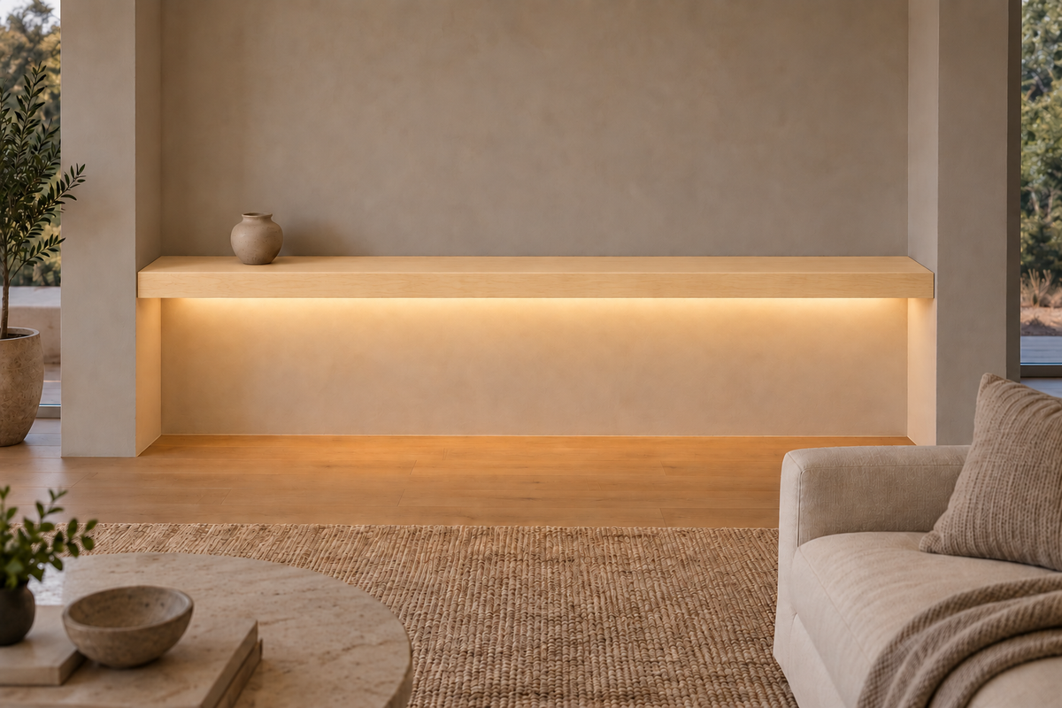 78 × 8 × 3 inch natural maple floating shelf, wall-to-wall mount, bottom front LED channel