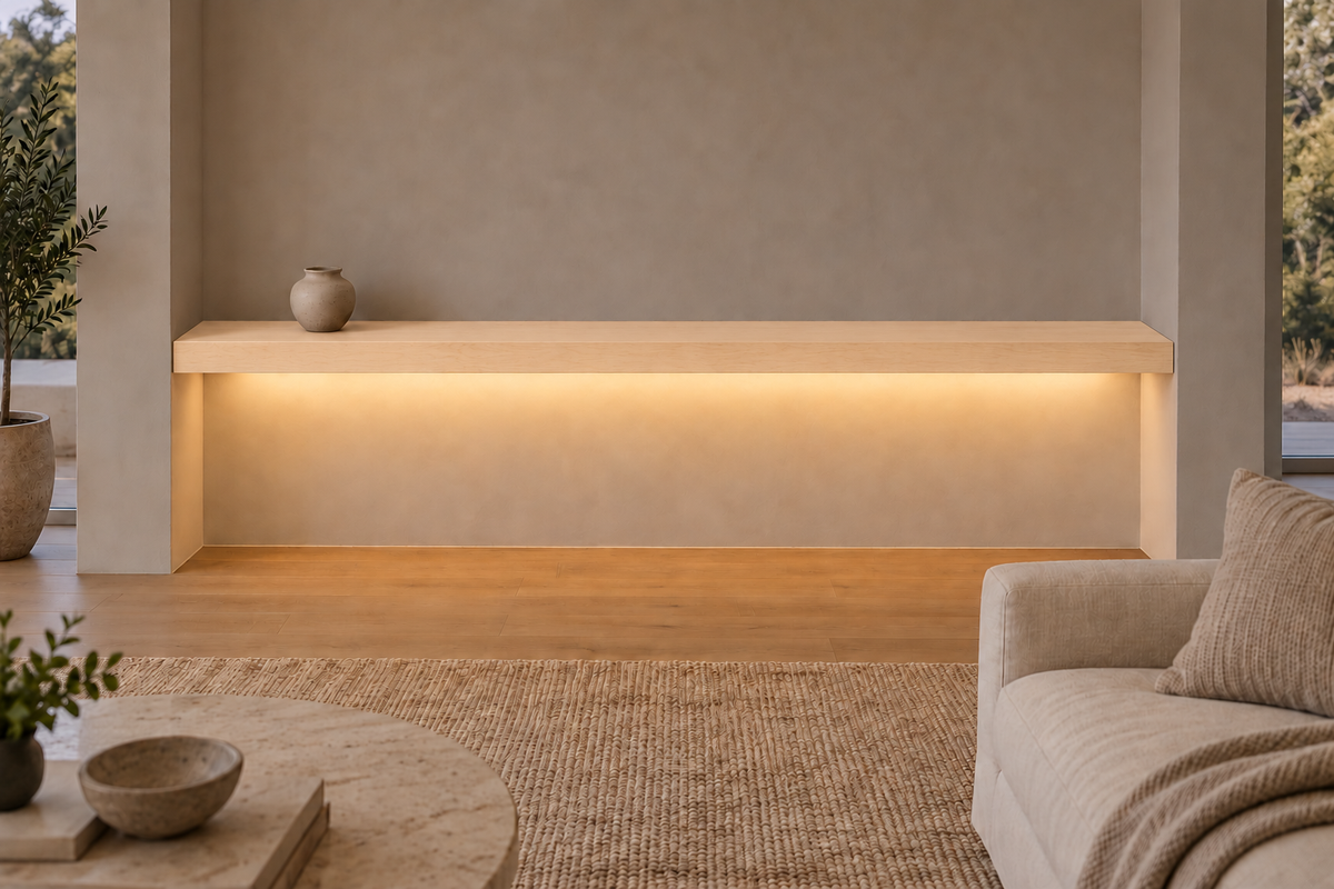 78 × 8 × 3 inch natural maple floating shelf, wall-to-wall mount, bottom rear LED channel