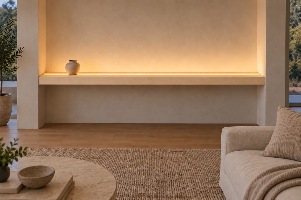 78 × 8 × 3 inch natural maple floating shelf, wall-to-wall mount, top front LED channel