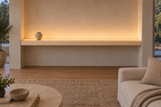 78 × 8 × 3 inch natural maple floating shelf, wall-to-wall mount, top front LED channel
