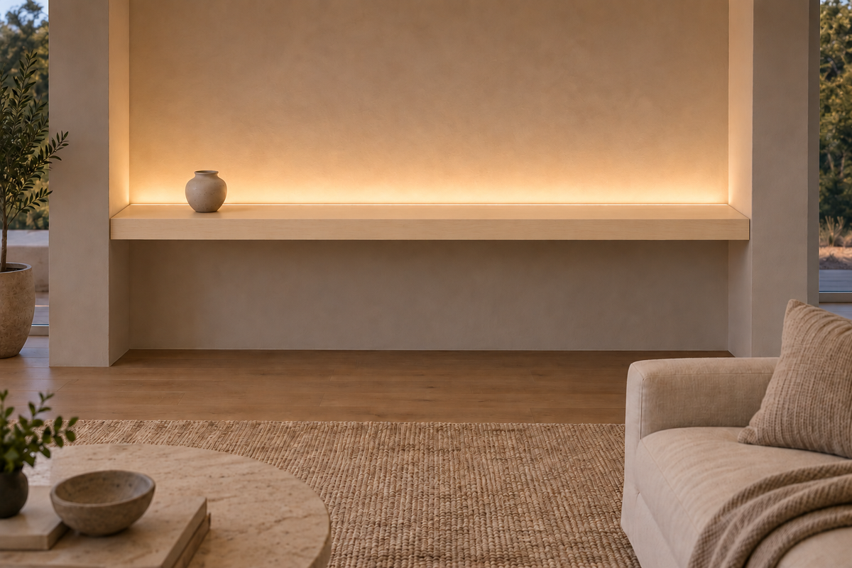 78 × 8 × 3 inch natural maple floating shelf, wall-to-wall mount, top rear LED channel