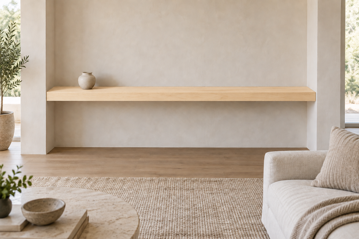 78 × 8 × 3 inch natural maple floating shelf, wall-to-wall mount, unlit