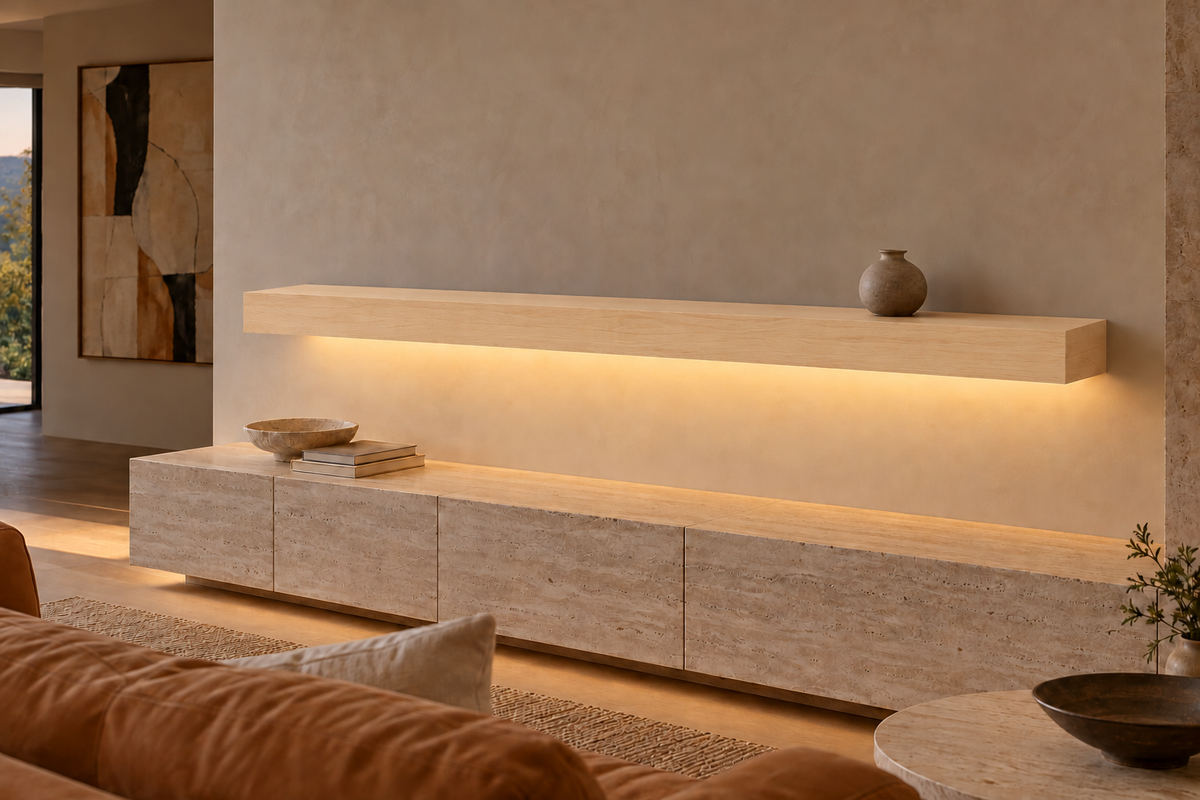 78 × 8 × 4 inch natural maple floating shelf, standard mount, bottom front LED channel