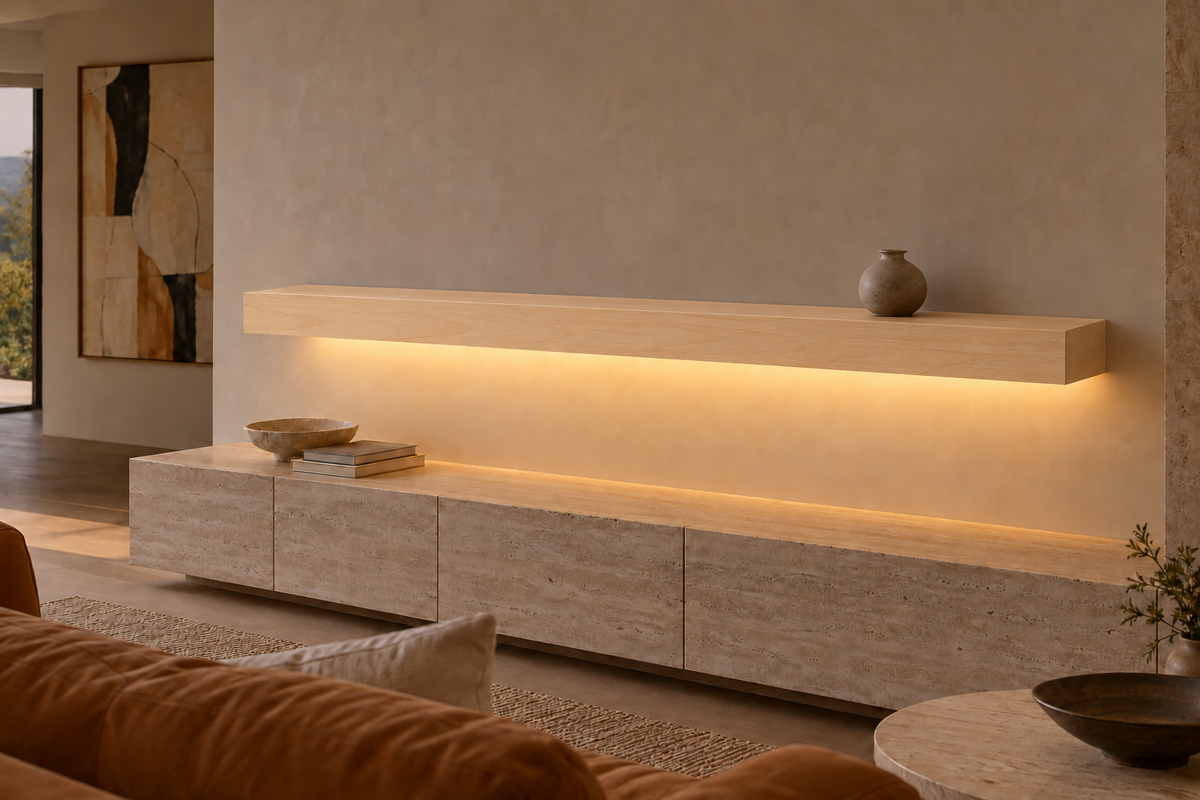 78 × 8 × 4 inch natural maple floating shelf, standard mount, bottom rear LED channel