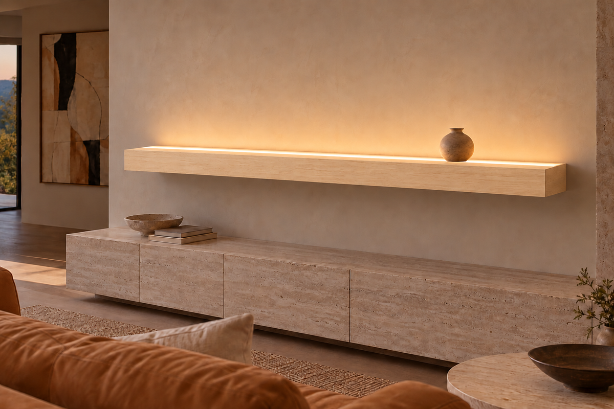78 × 8 × 4 inch natural maple floating shelf, standard mount, top front LED channel