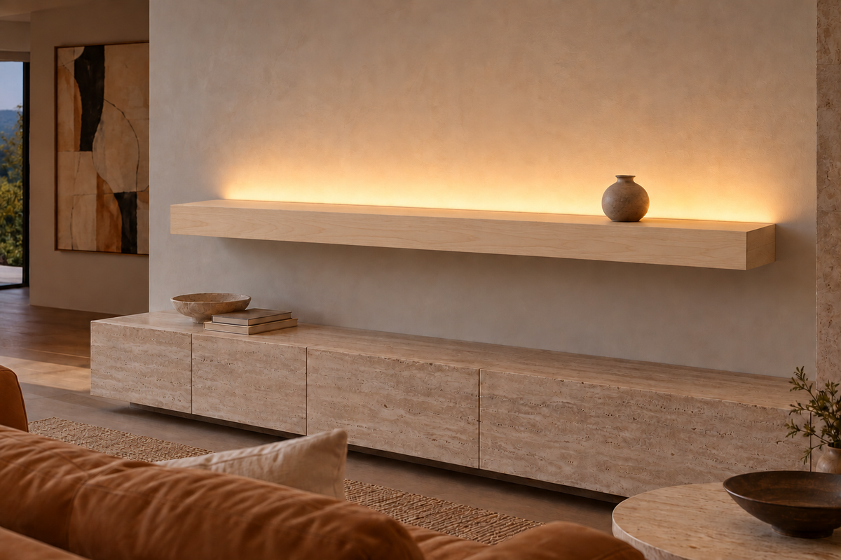 78 × 8 × 4 inch natural maple floating shelf, standard mount, top rear LED channel