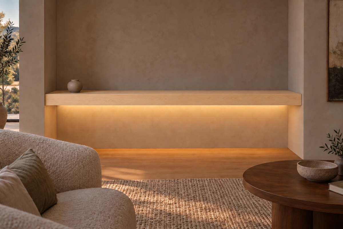 78 × 8 × 4 inch natural maple floating shelf, wall-to-wall mount, bottom front LED channel