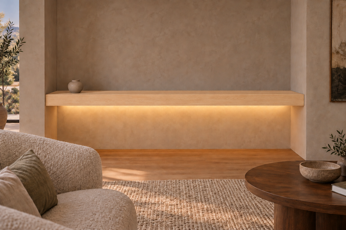 78 × 8 × 4 inch natural maple floating shelf, wall-to-wall mount, bottom rear LED channel