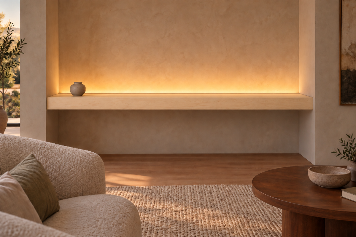 78 × 8 × 4 inch natural maple floating shelf, wall-to-wall mount, top rear LED channel