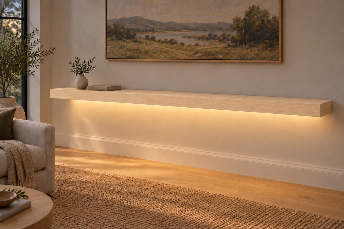 84 × 10 × 3 inch natural maple floating shelf, standard mount, bottom front LED channel