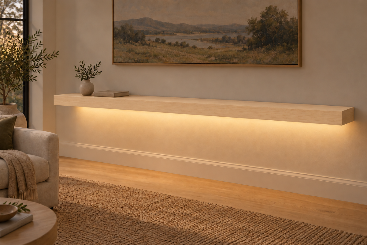 84 × 10 × 3 inch natural maple floating shelf, standard mount, bottom rear LED channel