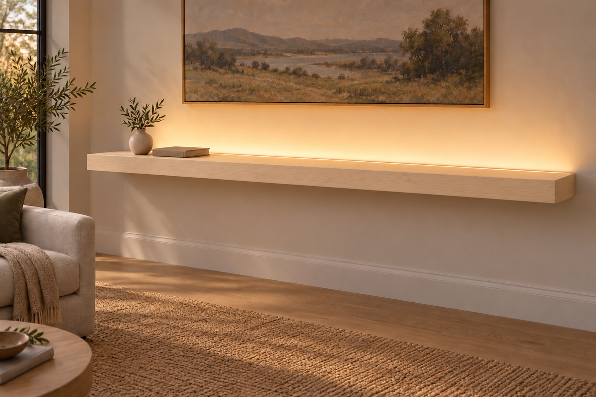 84 × 10 × 3 inch natural maple floating shelf, standard mount, top rear LED channel