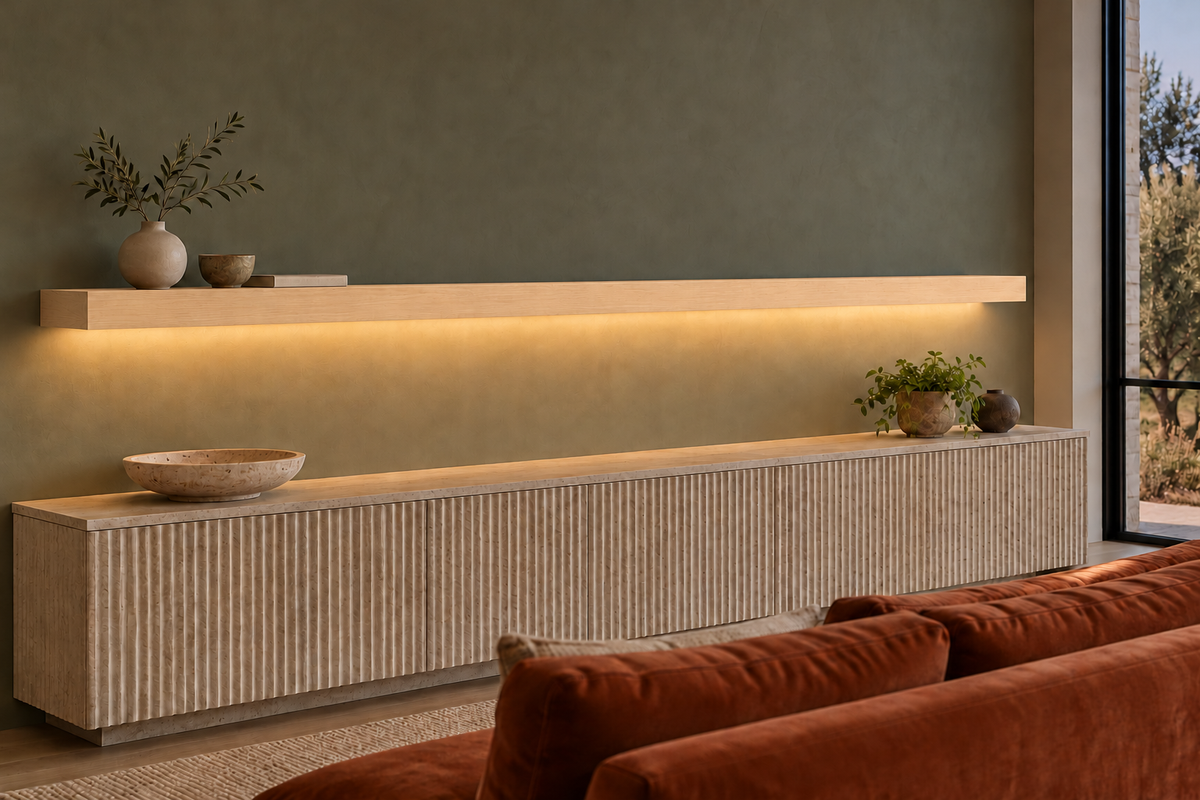 84 × 8 × 3 inch natural maple floating shelf, standard mount, bottom front LED channel