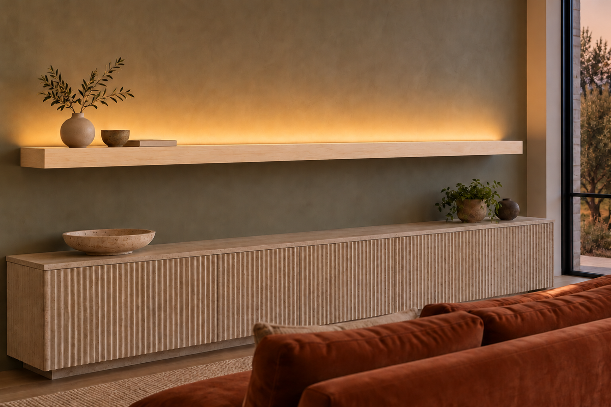 84 × 8 × 3 inch natural maple floating shelf, standard mount, top rear LED channel
