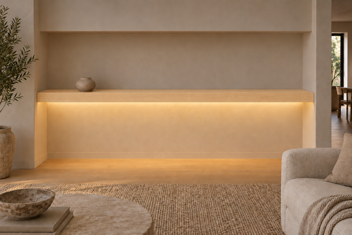 84 × 8 × 3 inch natural maple floating shelf, wall-to-wall mount, bottom front LED channel