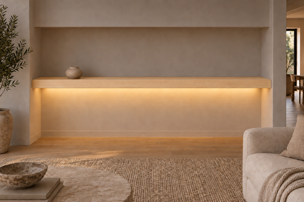 84 × 8 × 3 inch natural maple floating shelf, wall-to-wall mount, bottom rear LED channel