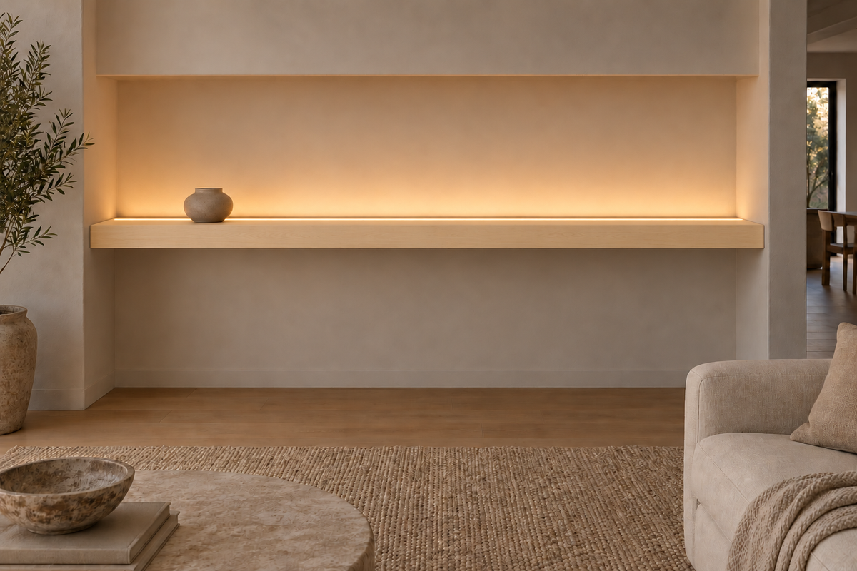 84 × 8 × 3 inch natural maple floating shelf, wall-to-wall mount, top front LED channel