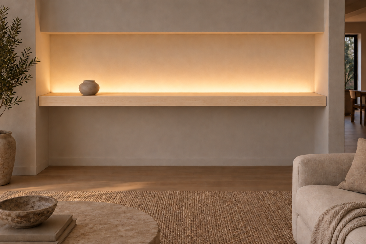 84 × 8 × 3 inch natural maple floating shelf, wall-to-wall mount, top rear LED channel