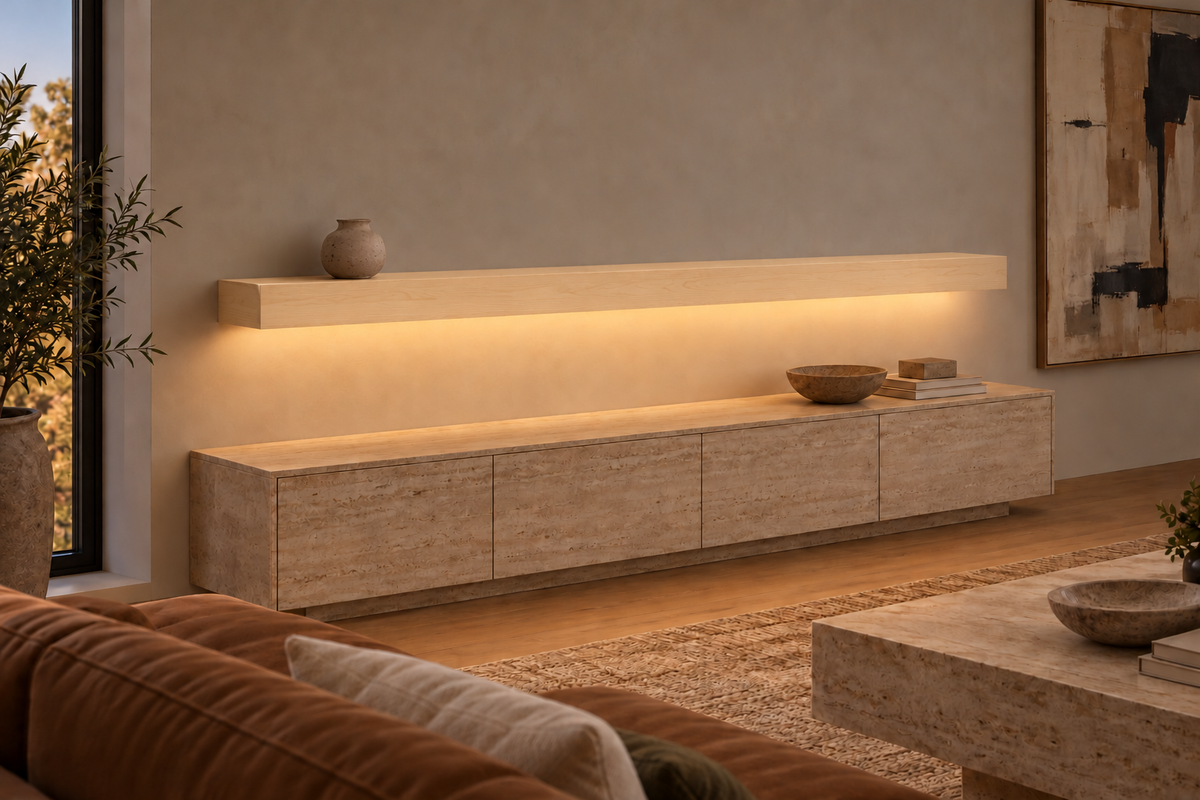 84 × 8 × 4 inch natural maple floating shelf, standard mount, bottom front LED channel