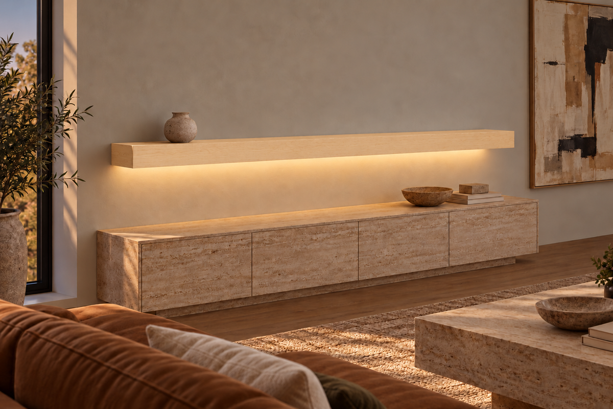 84 × 8 × 4 inch natural maple floating shelf, standard mount, bottom rear LED channel