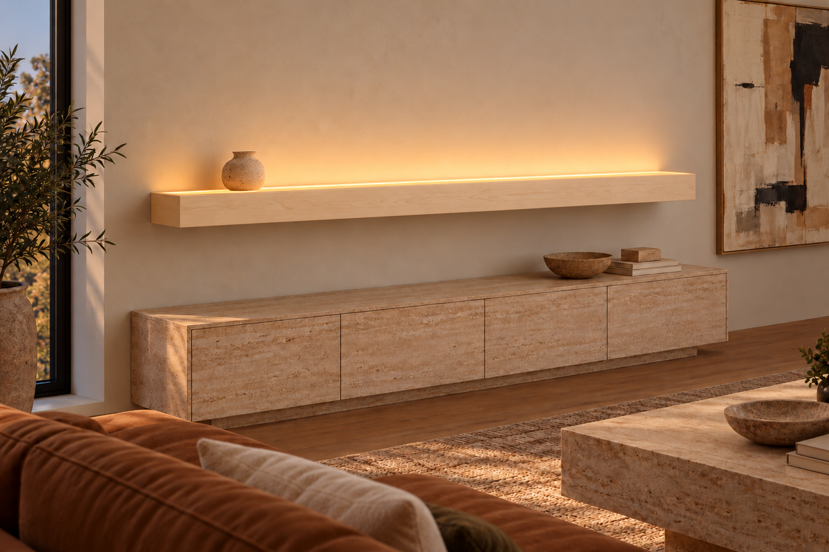 84 × 8 × 4 inch natural maple floating shelf, standard mount, top front LED channel
