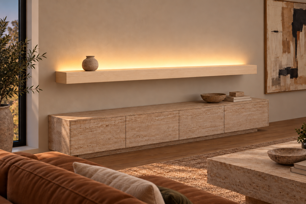 84 × 8 × 4 inch natural maple floating shelf, standard mount, top rear LED channel
