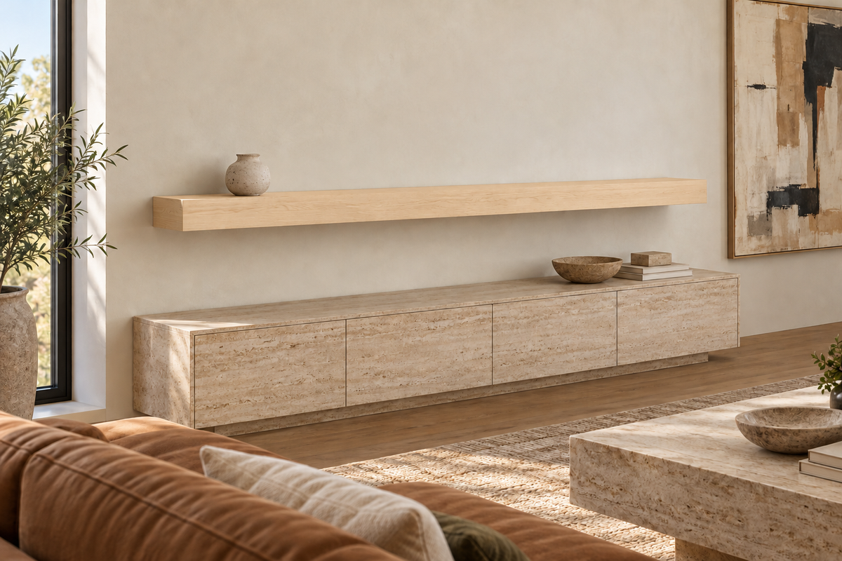 84 × 8 × 4 inch natural maple floating shelf, standard mount, unlit