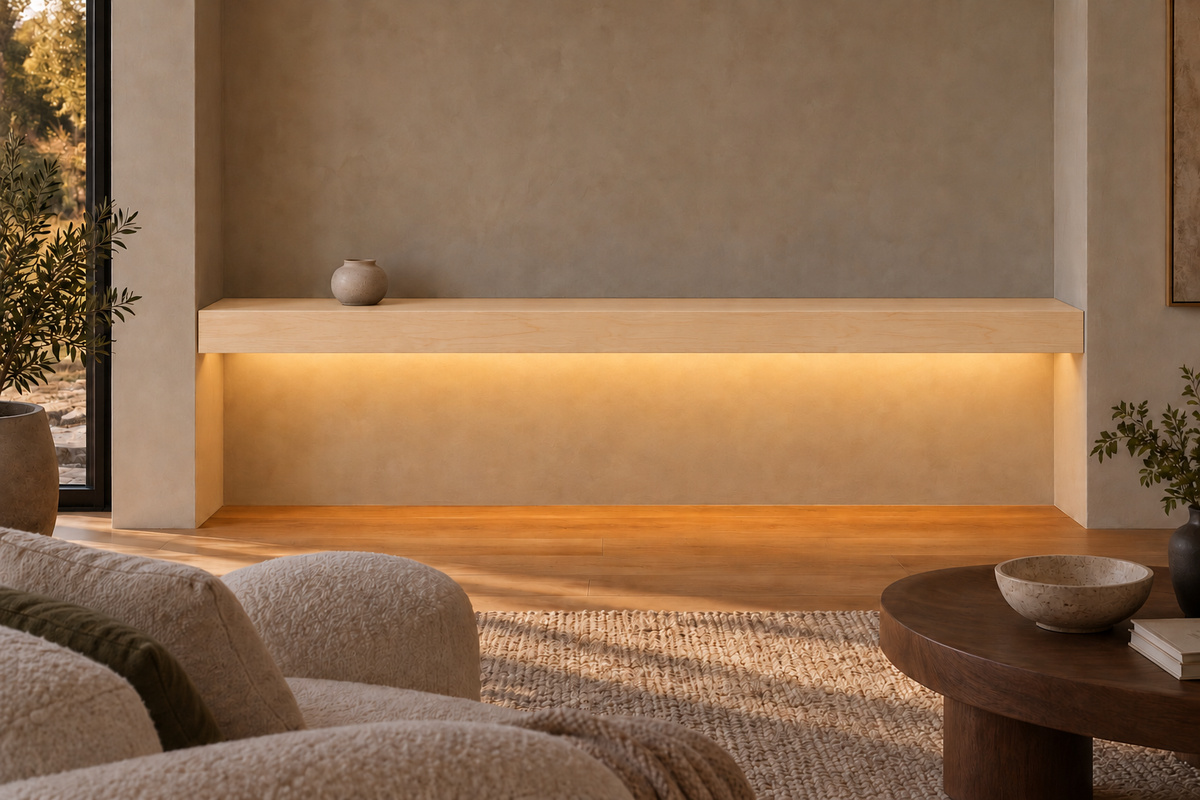 84 × 8 × 4 inch natural maple floating shelf, wall-to-wall mount, bottom front LED channel