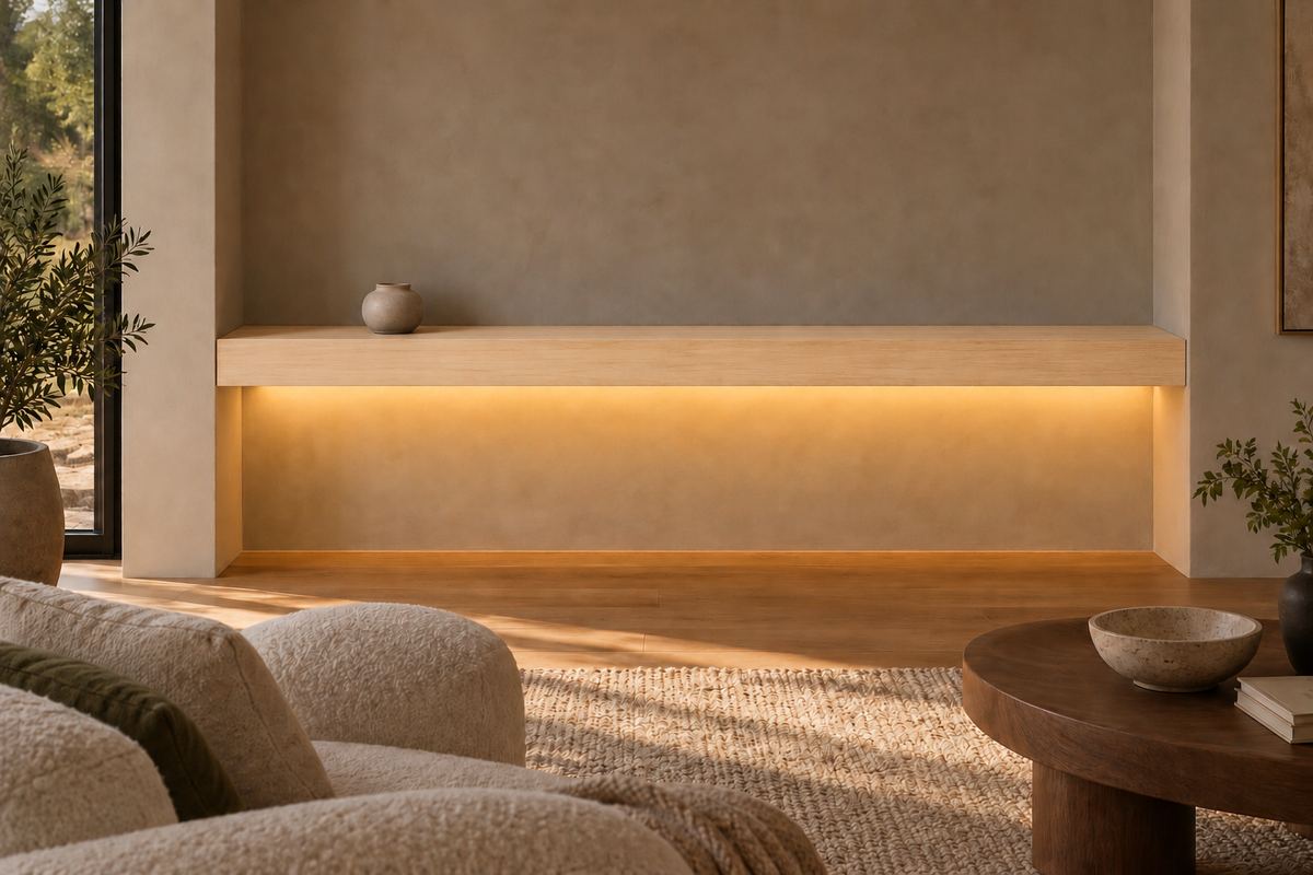 84 × 8 × 4 inch natural maple floating shelf, wall-to-wall mount, bottom rear LED channel