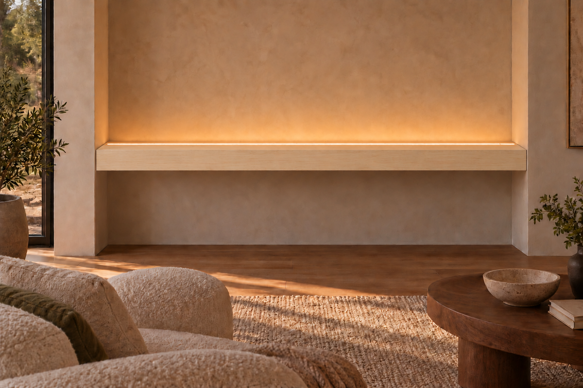 84 × 8 × 4 inch natural maple floating shelf, wall-to-wall mount, top front LED channel