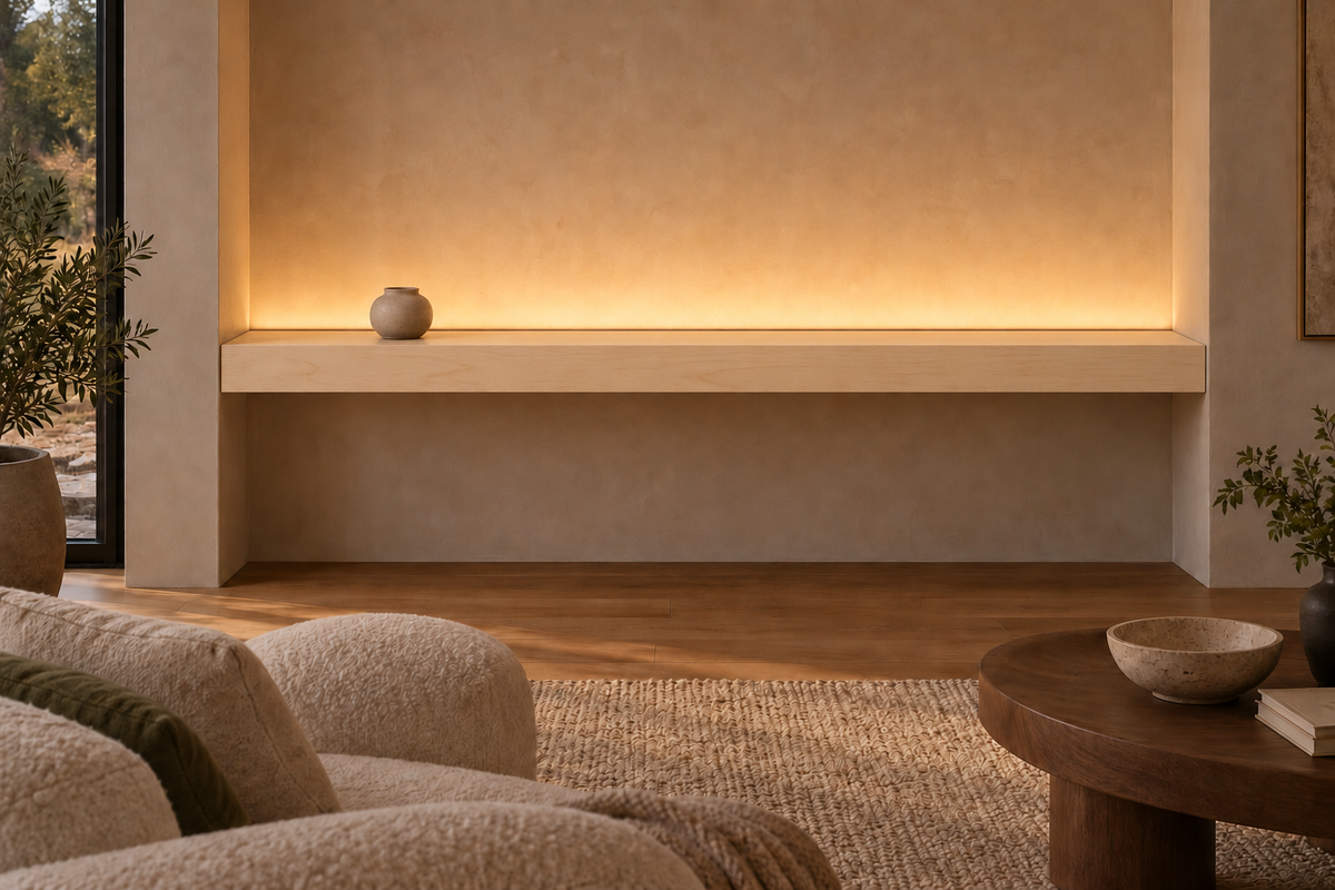 84 × 8 × 4 inch natural maple floating shelf, wall-to-wall mount, top rear LED channel