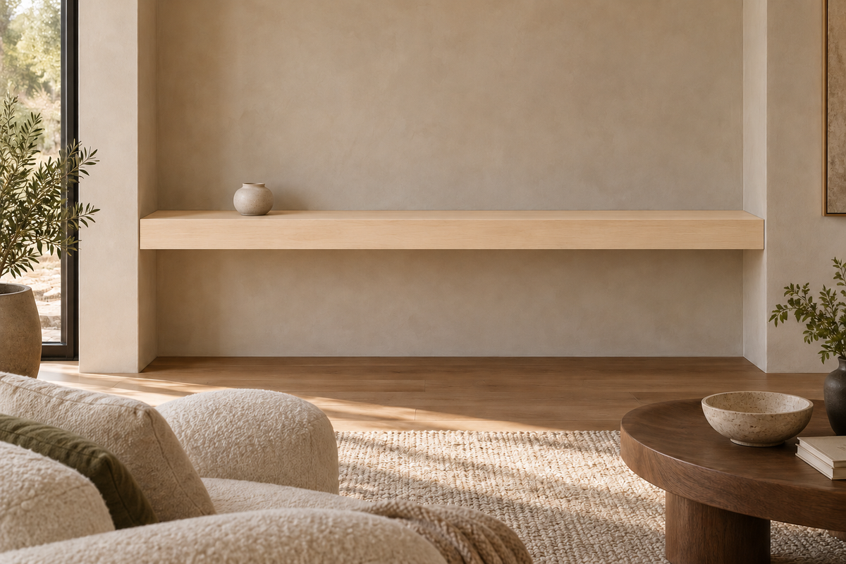 84 × 8 × 4 inch natural maple floating shelf, wall-to-wall mount, unlit