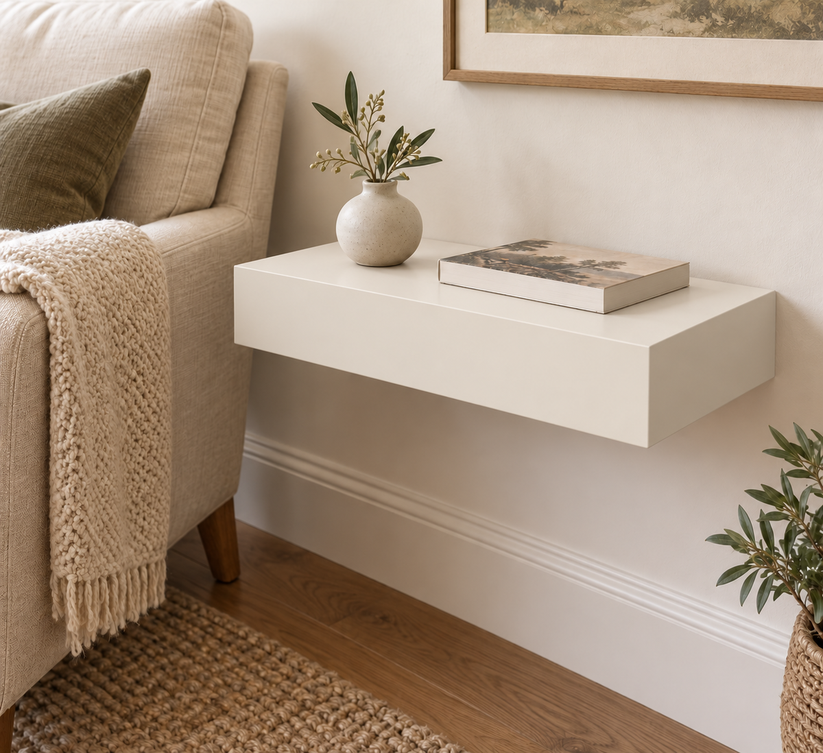 18 x 10 x 3 inch standard painted shelf in Alabaster SW 7008; unlit living-room rendering.
