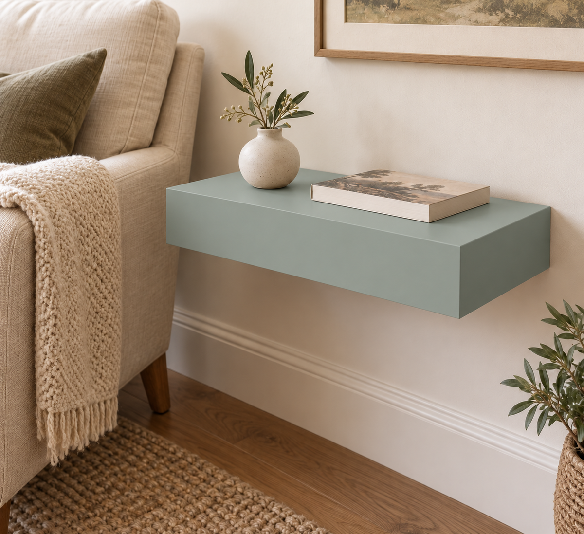 18-inch long, 3-inch thick standard painted shelf in Halcyon Green SW 6213; unlit living-room rendering.
