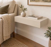 18-inch long, 3-inch thick standard painted shelf in Natural Linen SW 9109; unlit living-room rendering.