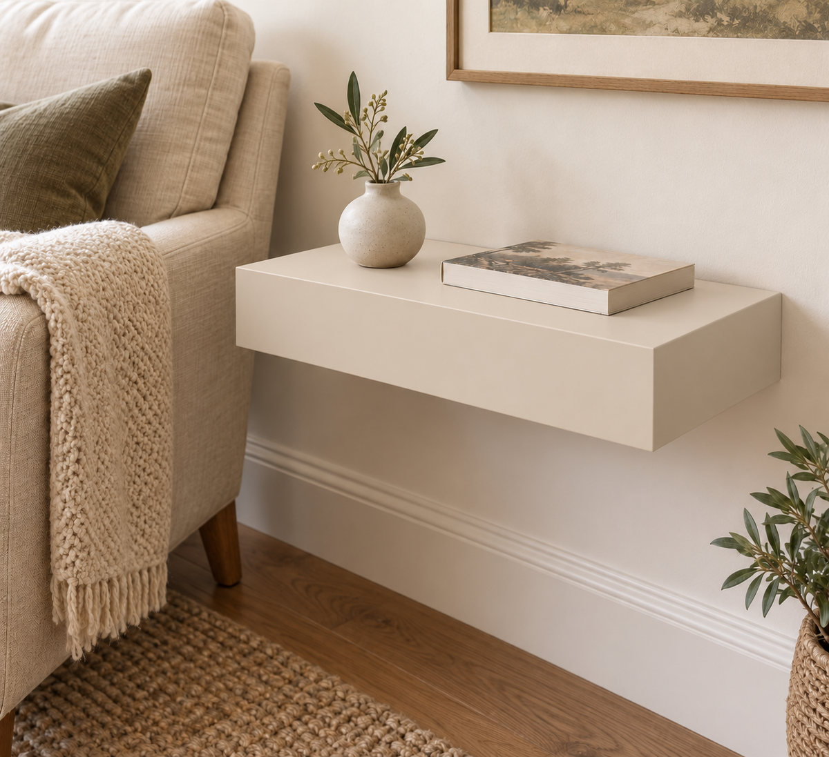 18-inch long, 3-inch thick standard painted shelf in Natural Linen SW 9109; unlit living-room rendering.
