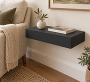 18-inch long, 3-inch thick standard painted shelf in Tricorn Black SW 6258; unlit living-room rendering.