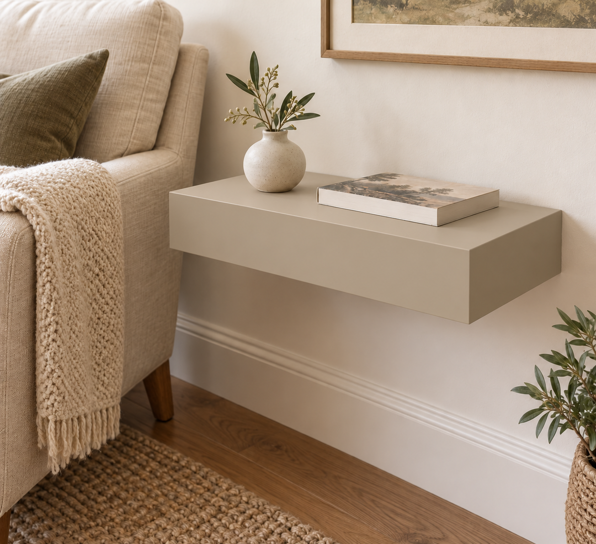 18-inch long, 3-inch thick standard painted shelf in Universal Khaki SW 6150; unlit living-room rendering.