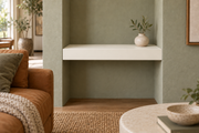 18-inch long, 3-inch thick Alabaster SW 7008 painted floating shelf, wall-to-wall mount, unlit
