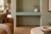 18-inch long, 3-inch thick Halcyon Green SW 6213 painted floating shelf, wall-to-wall mount, unlit