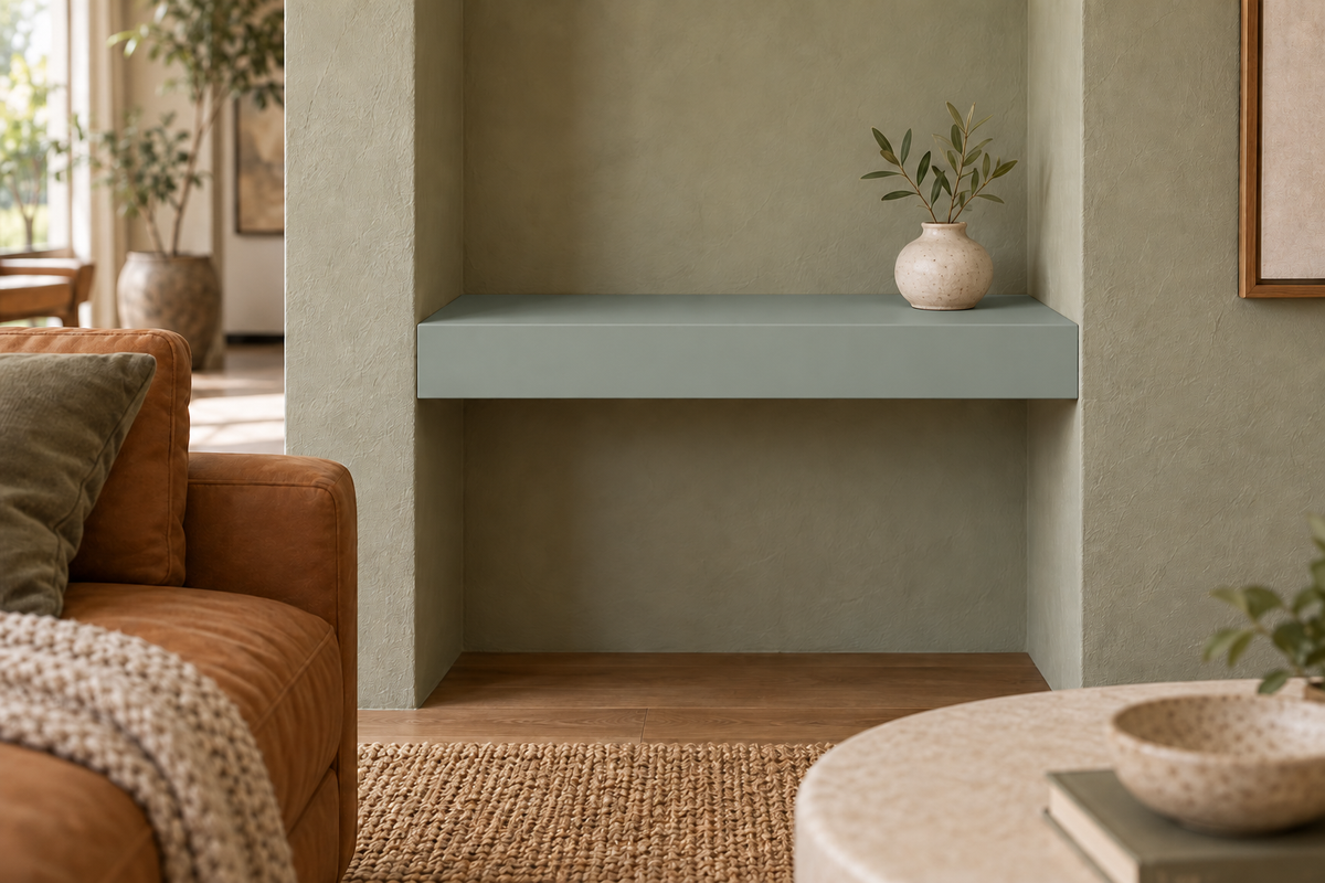18-inch long, 3-inch thick Halcyon Green SW 6213 painted floating shelf, wall-to-wall mount, unlit