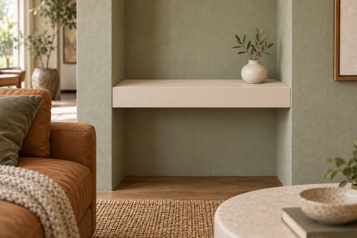 18-inch long, 3-inch thick Natural Linen SW 9109 painted floating shelf, wall-to-wall mount, unlit