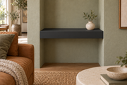 18-inch long, 3-inch thick Tricorn Black SW 6258 painted floating shelf, wall-to-wall mount, unlit
