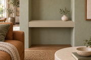 18-inch long, 3-inch thick Universal Khaki SW 6150 painted floating shelf, wall-to-wall mount, unlit